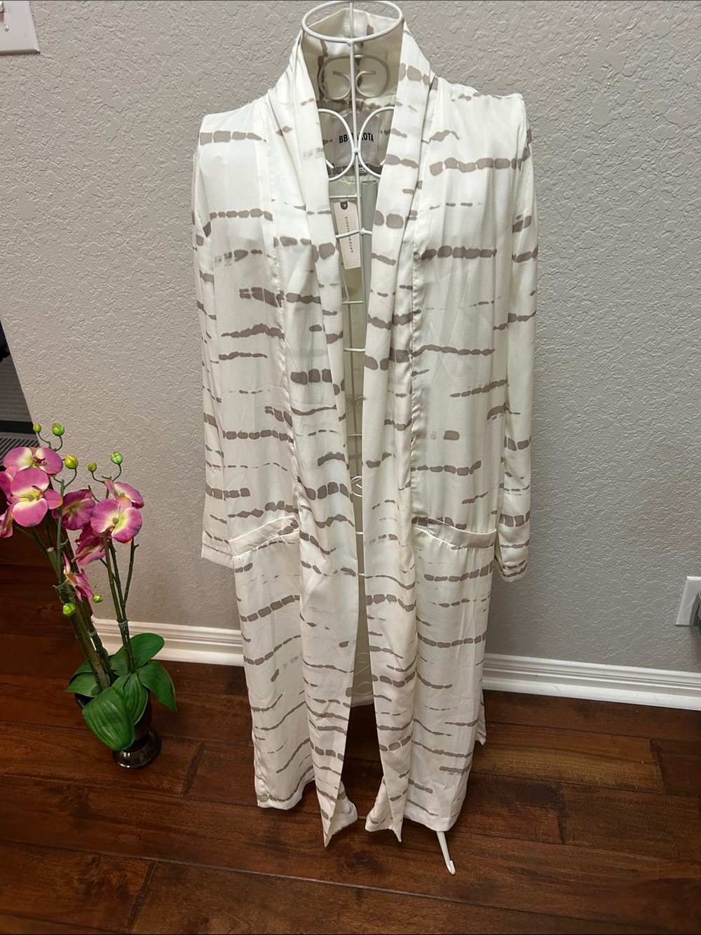 Anthropologie Cream and Taupe Striped Duster Coat